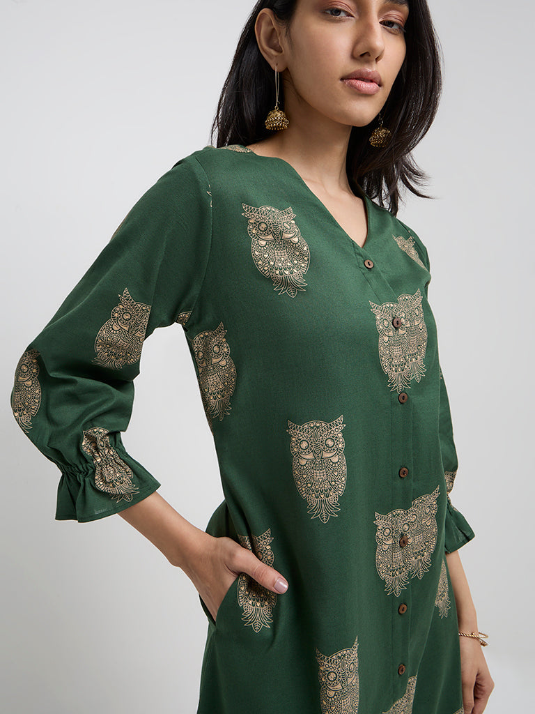 Utsa Green Bird Printed A-Line Cotton Blend Kurta