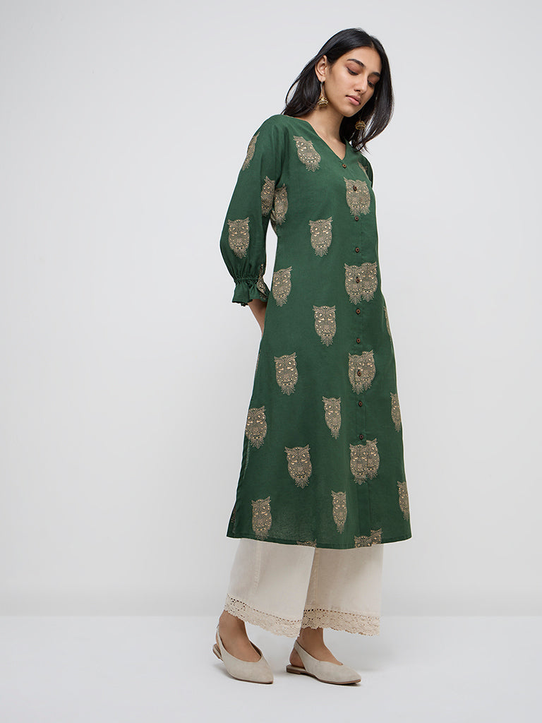 Utsa Green Bird Printed A-Line Cotton Blend Kurta