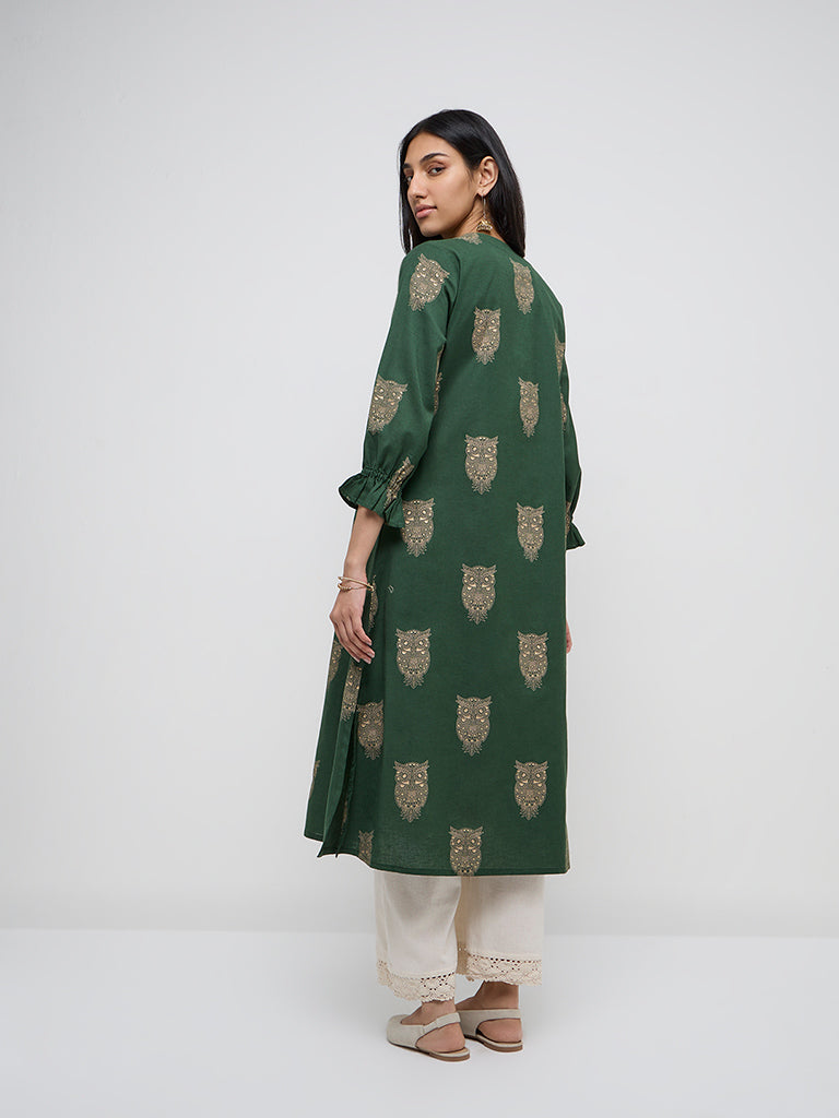 Utsa Green Bird Printed A-Line Cotton Blend Kurta