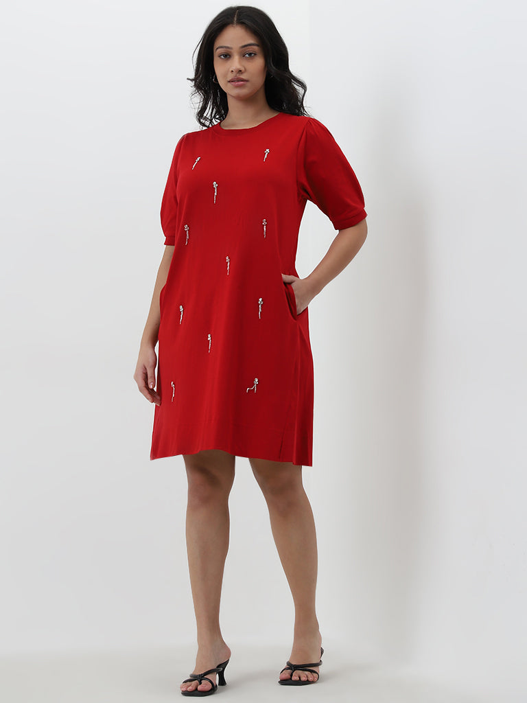 Gia Red Embellished A-Line Cotton Dress