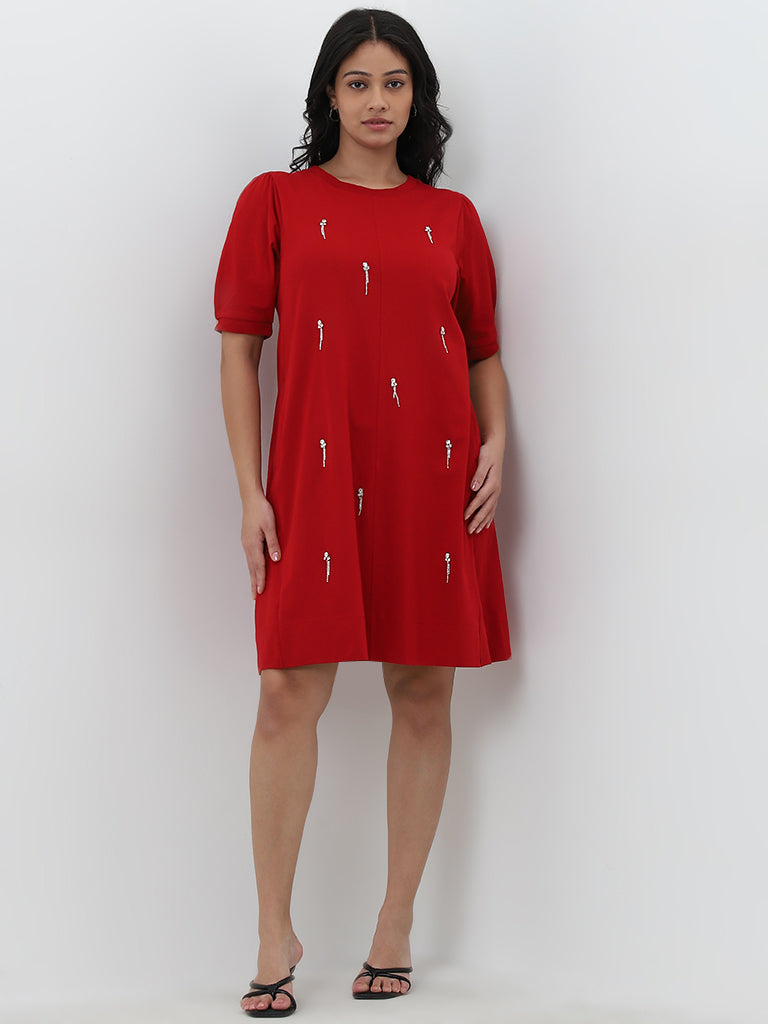 Gia Red Embellished A-Line Cotton Dress