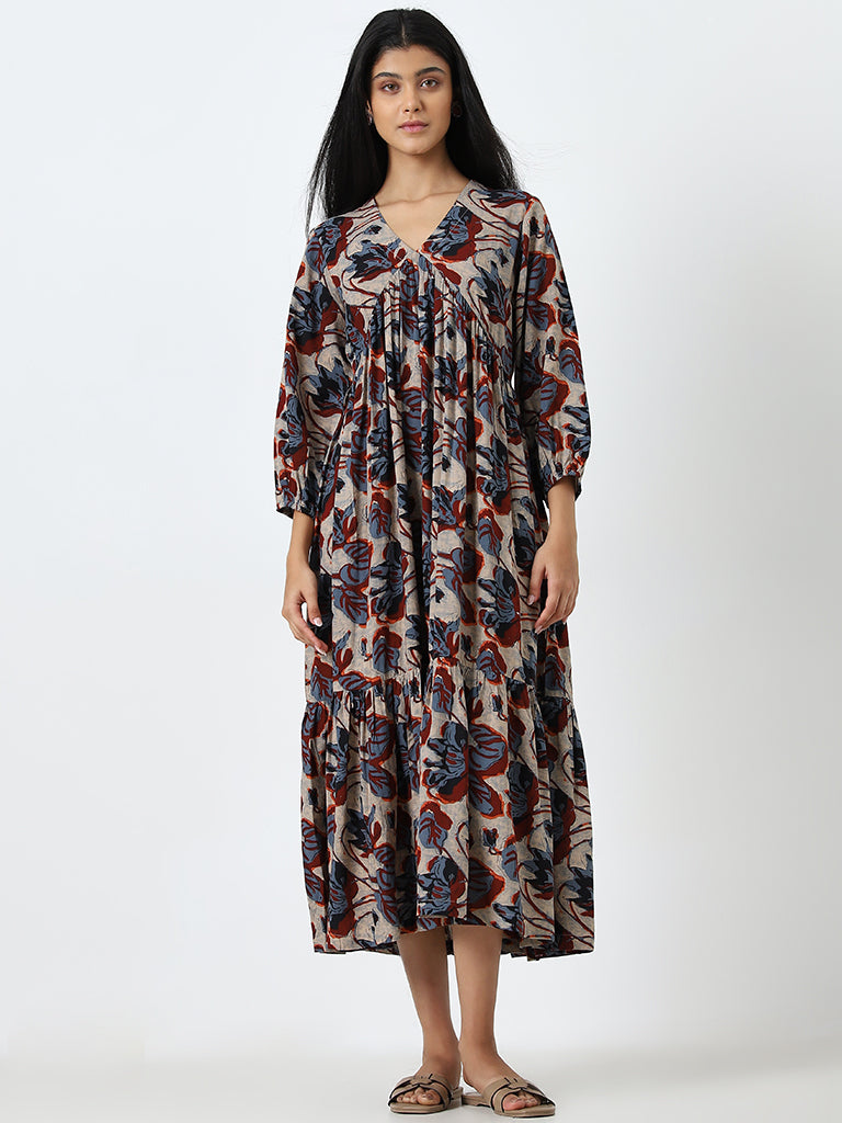 Utsa Indigo Floral Design Tiered Dress