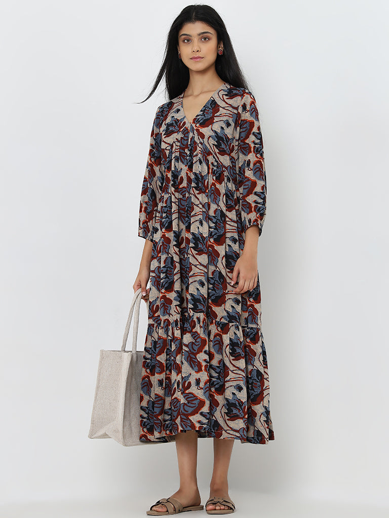 Utsa Indigo Floral Design Tiered Dress