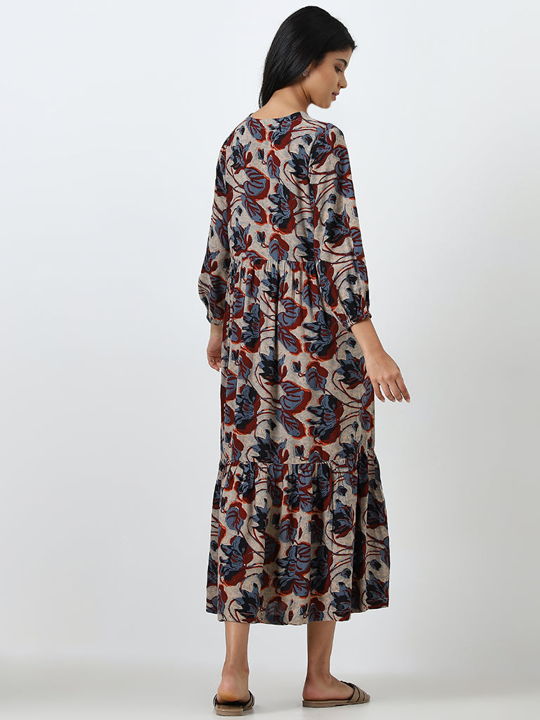 Utsa Indigo Floral Design Tiered Dress