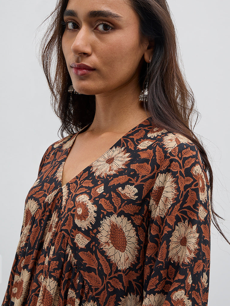 Utsa Brown Floral Printed Tiered Dress