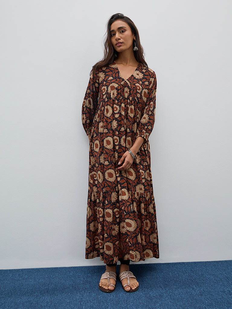 Utsa Brown Floral Printed Tiered Dress