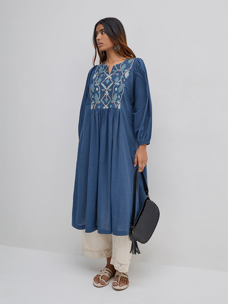 Utsa Blue Embroidered Cotton A-Line Kurta