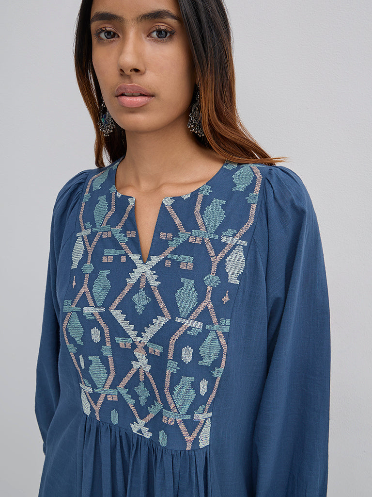 Utsa Blue Embroidered Cotton A-Line Kurta