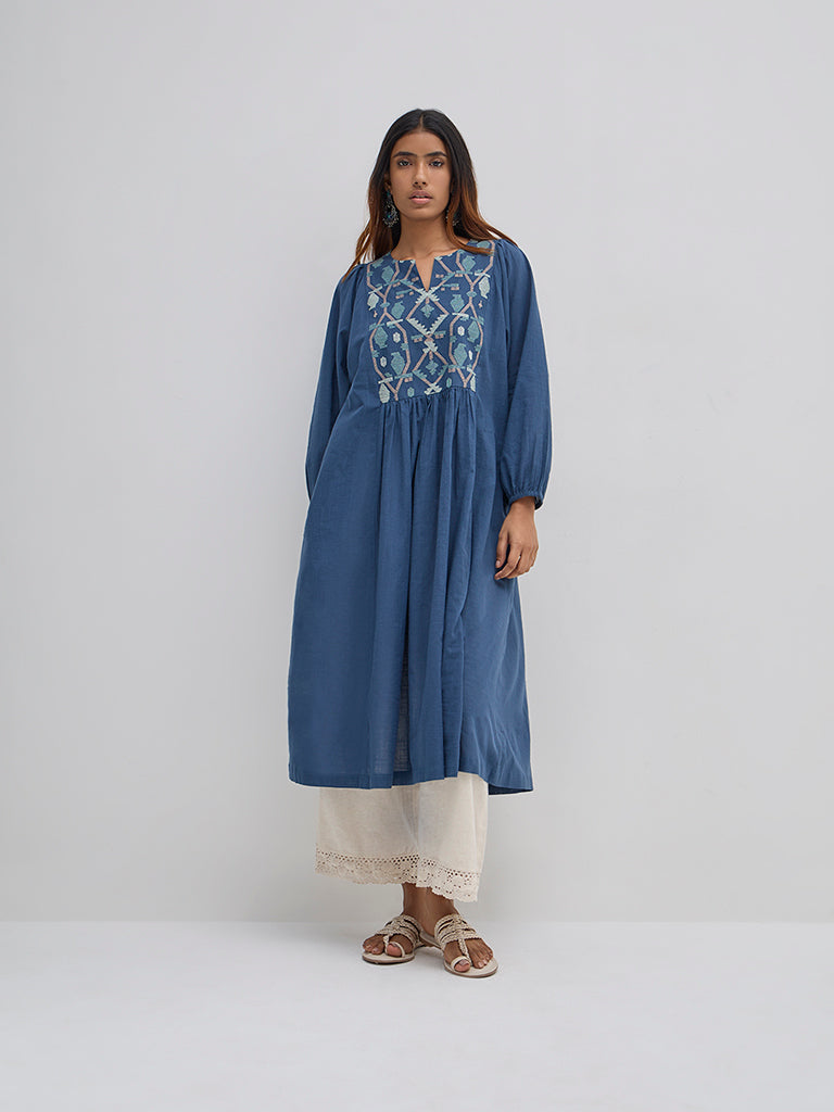 Utsa Blue Embroidered Cotton A-Line Kurta