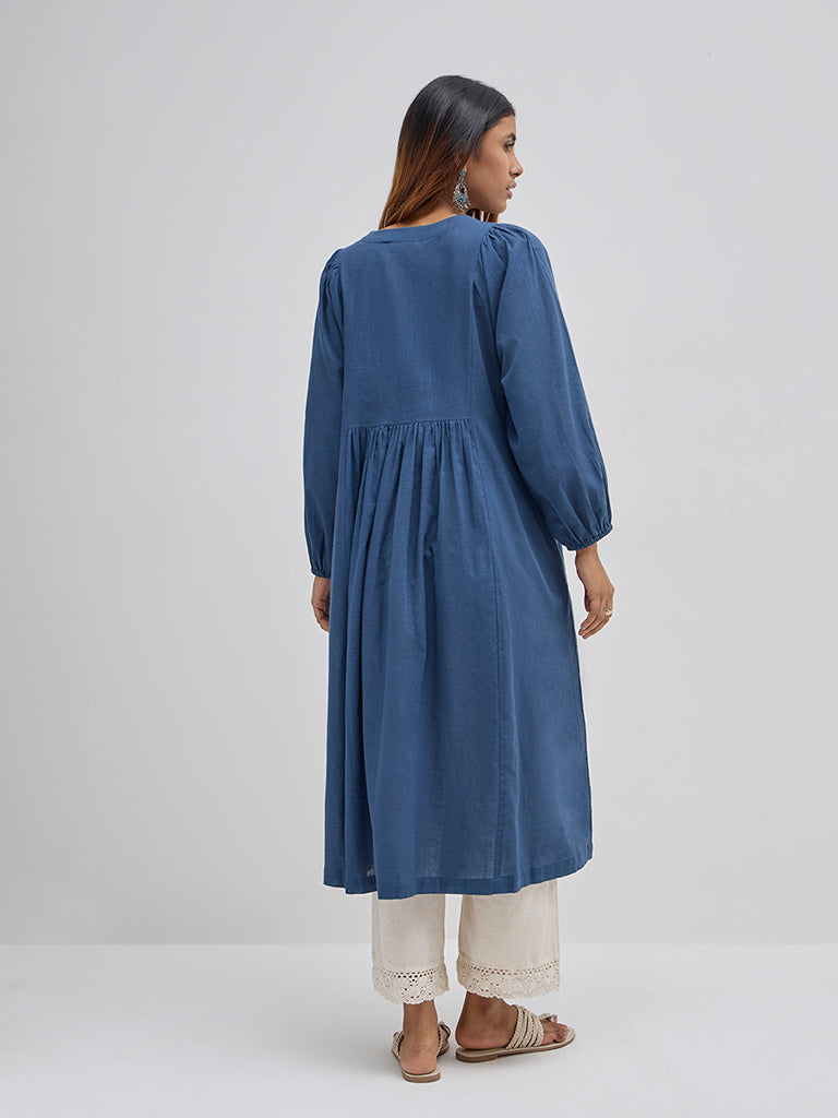 Utsa Blue Embroidered Cotton A-Line Kurta