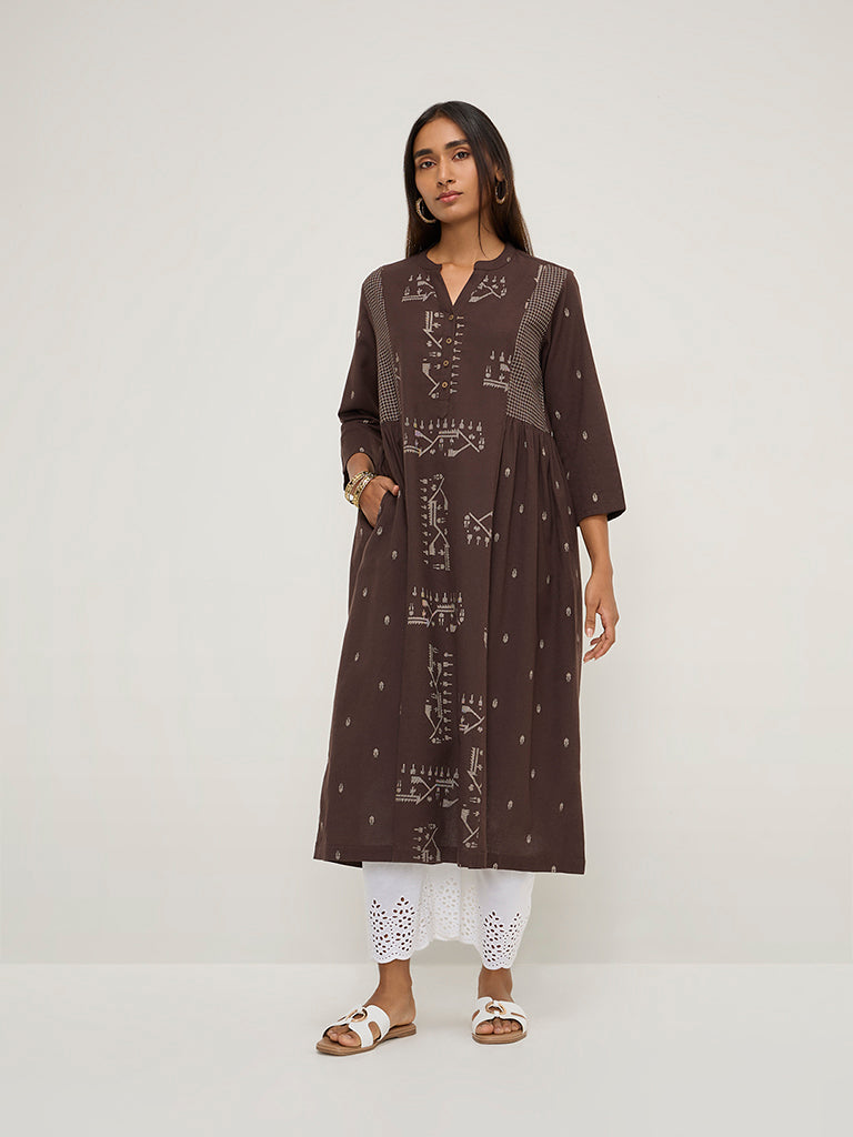 Utsa Brown Jamdani Printed A-Line Cotton Blend Kurta