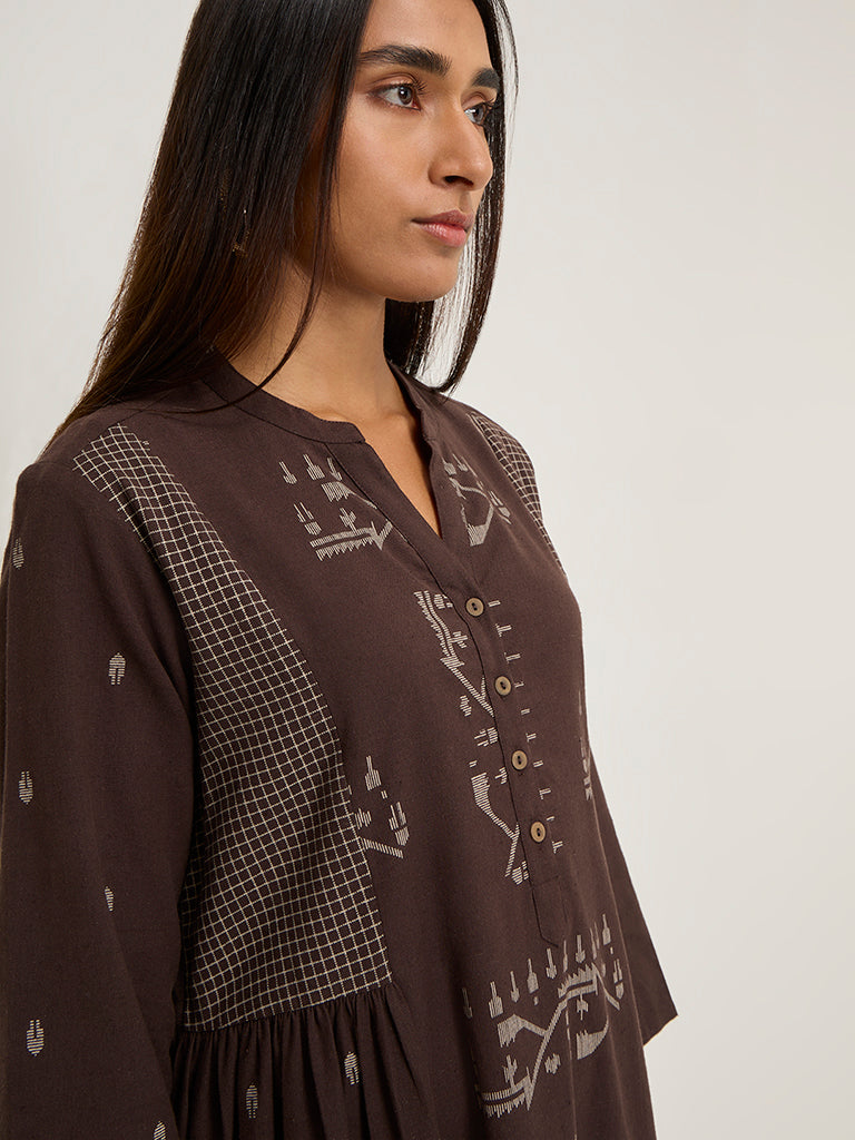 Utsa Brown Jamdani Printed A-Line Cotton Blend Kurta