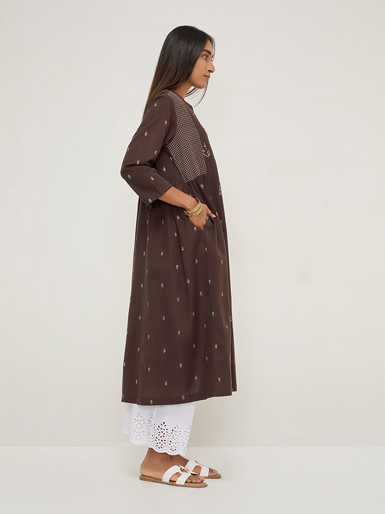 Utsa Brown Jamdani Printed A-Line Cotton Blend Kurta