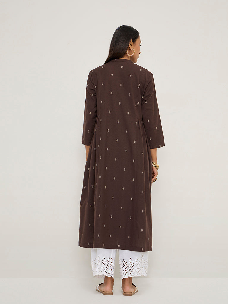 Utsa Brown Jamdani Printed A-Line Cotton Blend Kurta