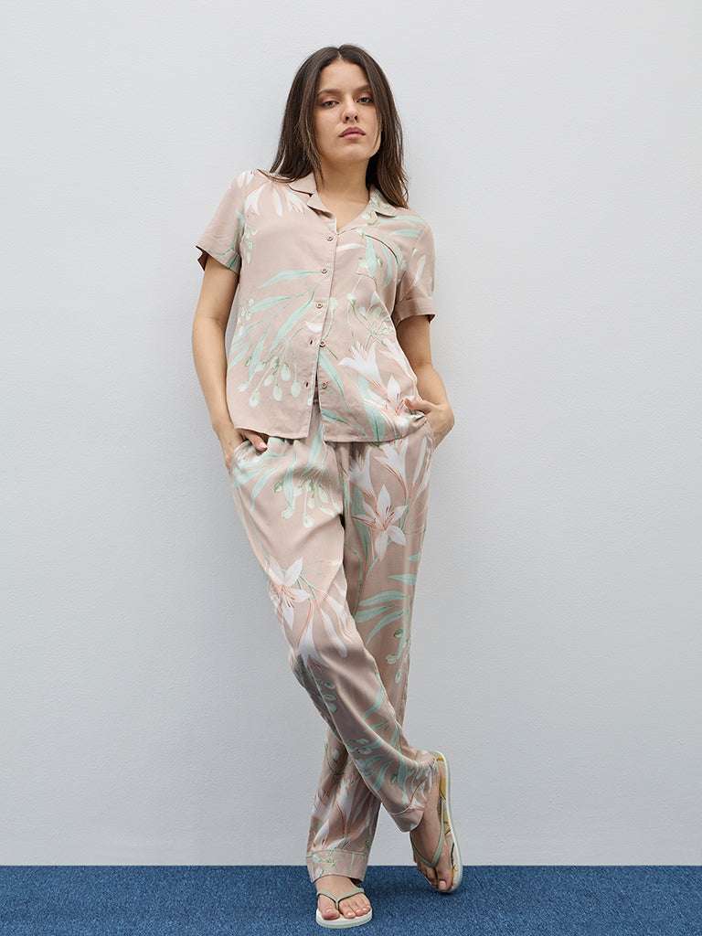 Wunderlove Dark Beige Floral Printed Shirt and Pyjamas Set