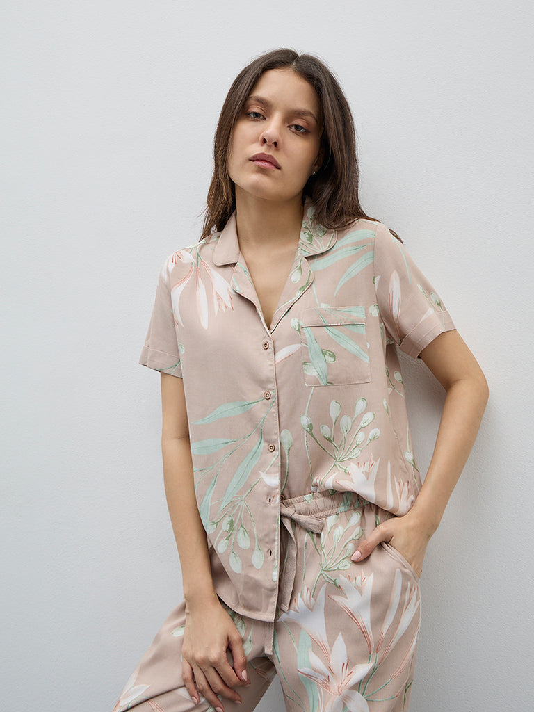 Wunderlove Dark Beige Floral Printed Shirt and Pyjamas Set