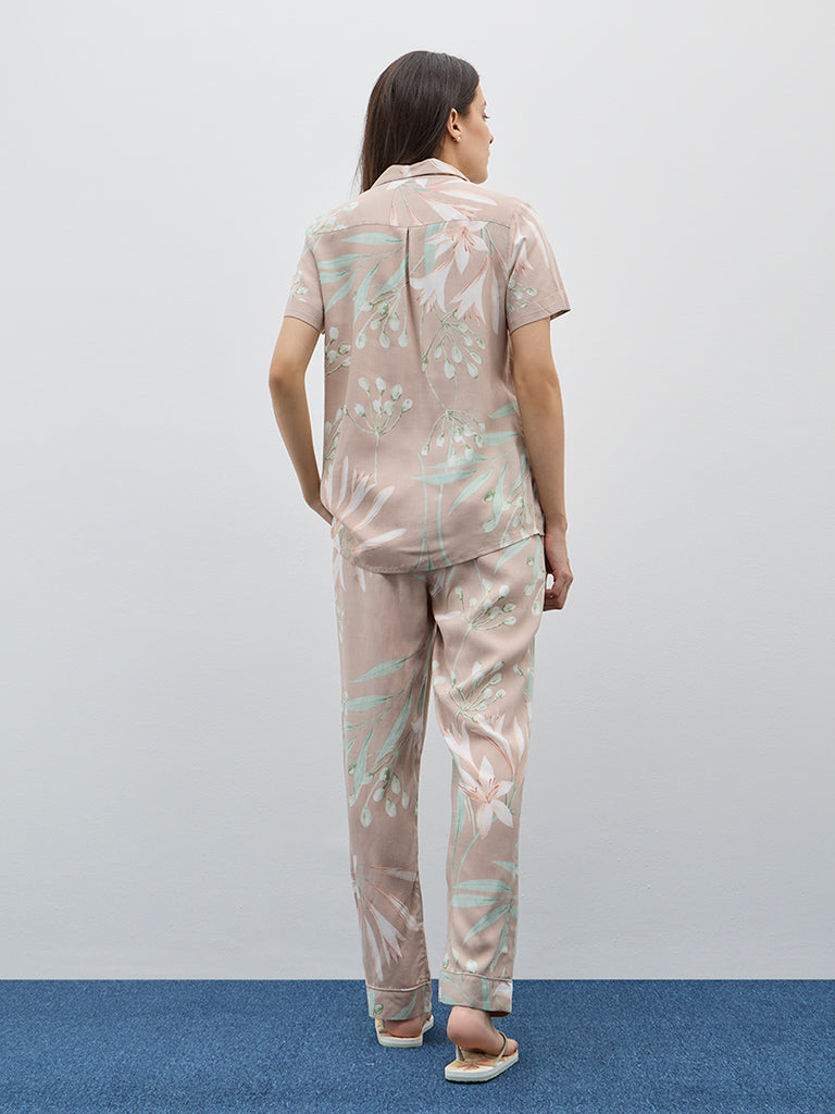 Wunderlove Dark Beige Floral Printed Shirt and Pyjamas Set