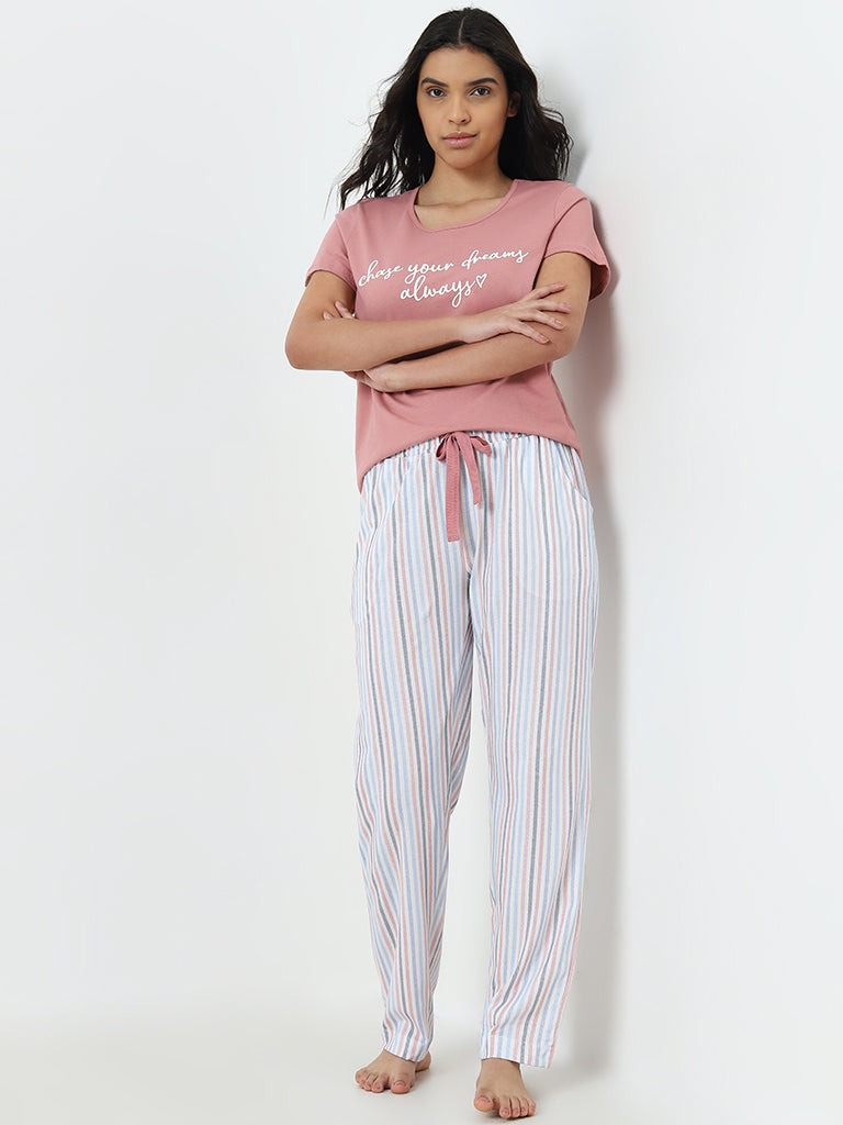 Wunderlove White Striped High-Rise Cotton Lounge Pants