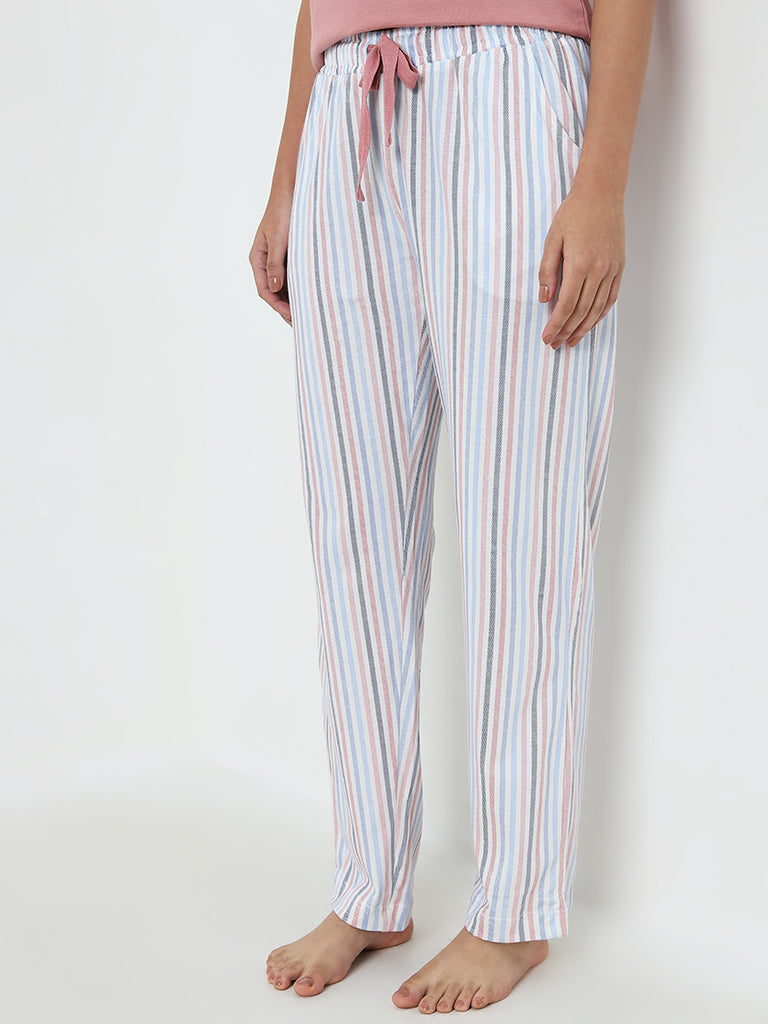 Wunderlove White Striped High-Rise Cotton Lounge Pants