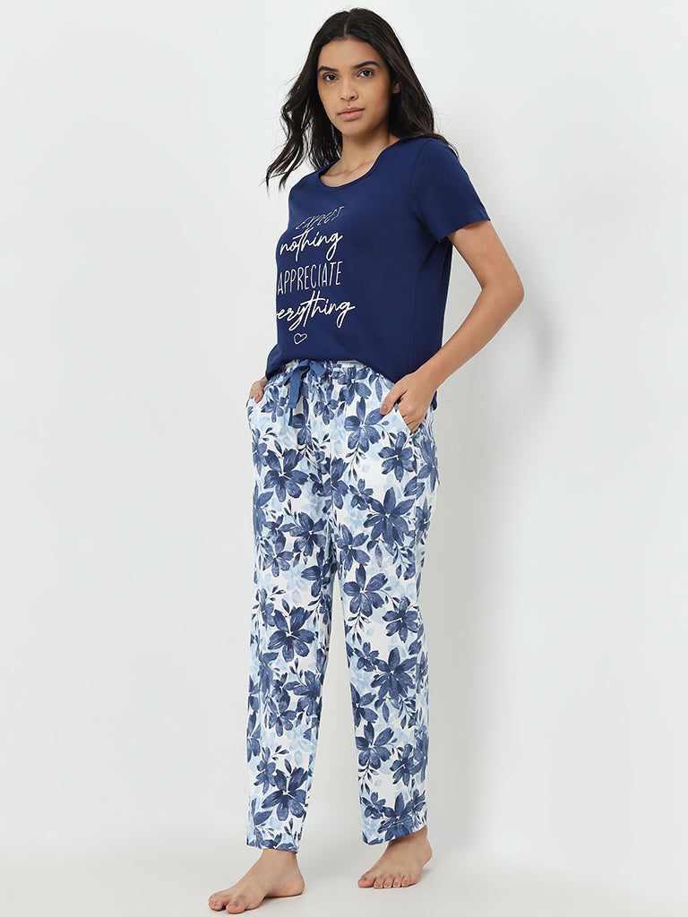 Wunderlove Blue Floral Print High-Rise Cotton Lounge Pants