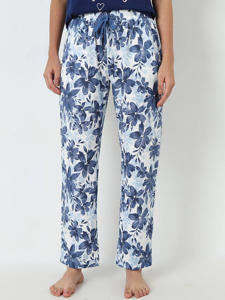 Wunderlove Blue Floral Print High-Rise Cotton Lounge Pants