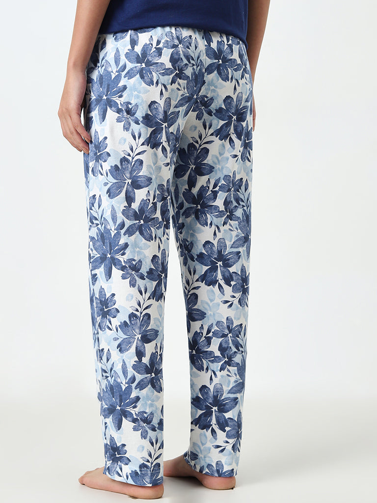 Wunderlove Blue Floral Print High-Rise Cotton Lounge Pants