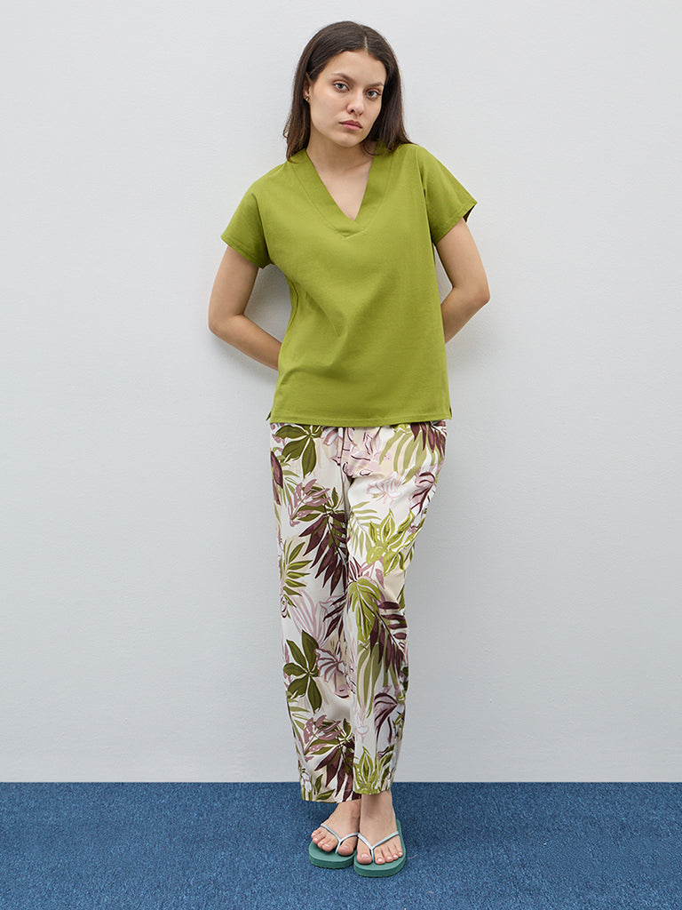 Wunderlove Green Leaf-Printed High-Rise Lounge Pants