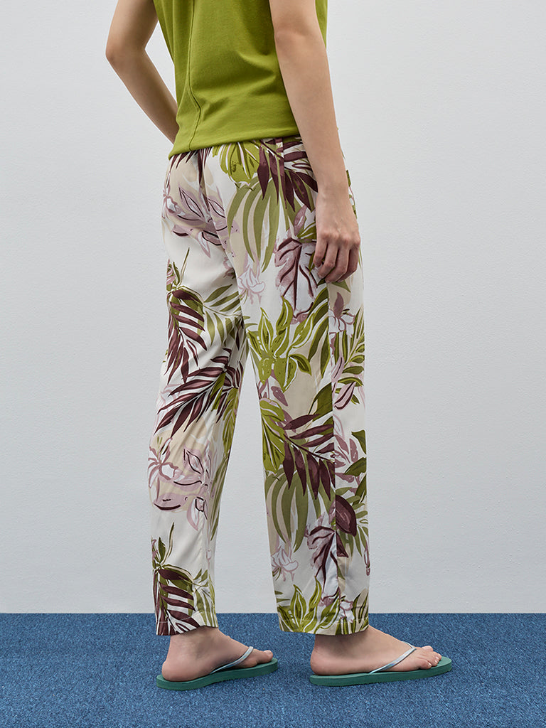 Wunderlove Green Leaf-Printed High-Rise Lounge Pants