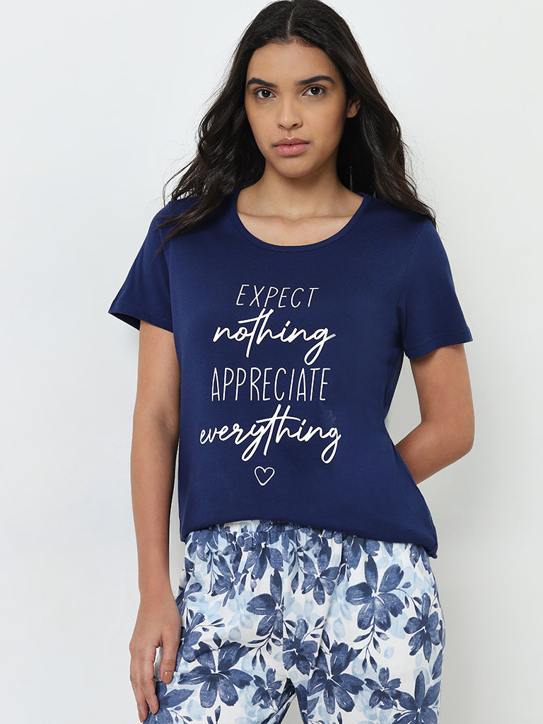 Wunderlove Navy Text Design Cotton Top