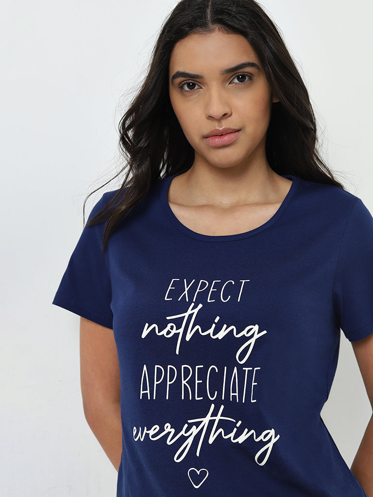 Wunderlove Navy Text Design Cotton Top