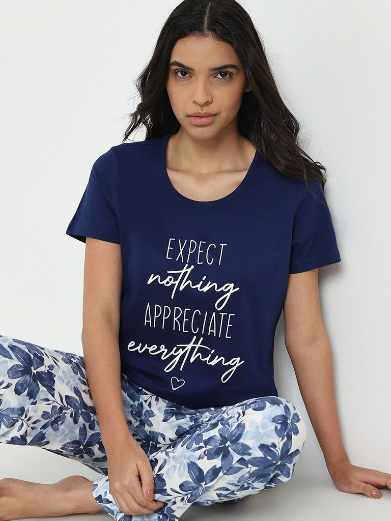 Wunderlove Navy Text Design Cotton Top