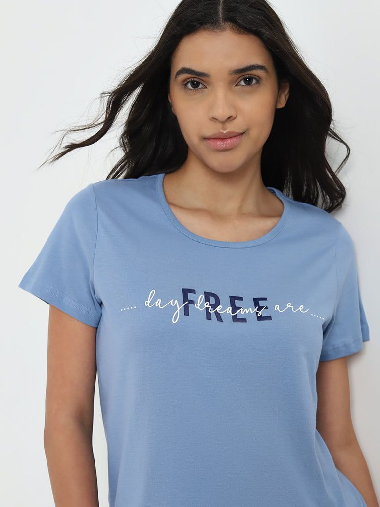 Wunderlove Blue Text Printed Cotton Top