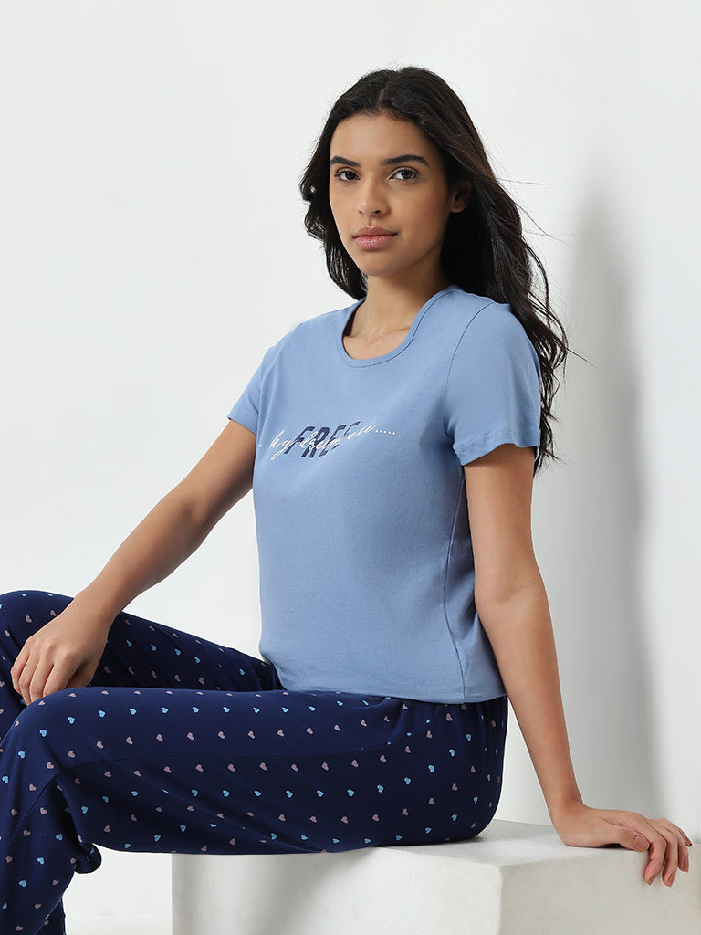 Wunderlove Blue Text Printed Cotton Top