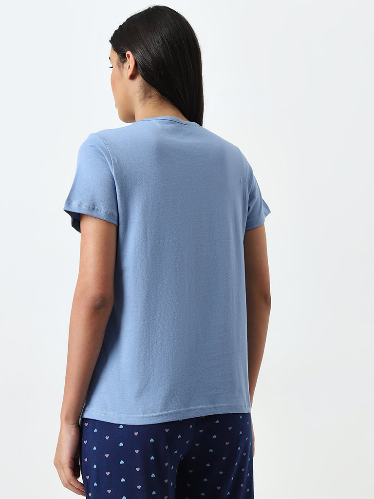 Wunderlove Blue Text Printed Cotton Top