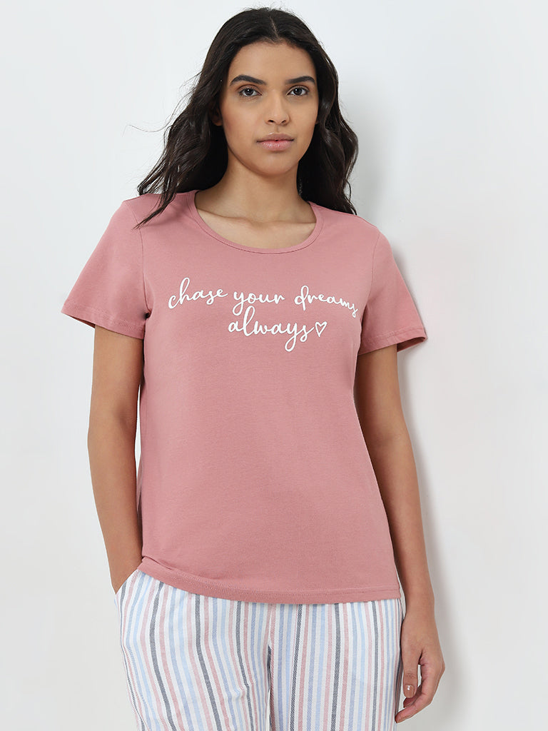 Wunderlove Pink Text Pattern Cotton Top