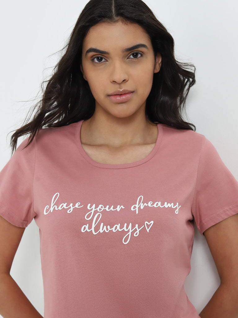 Wunderlove Pink Text Pattern Cotton Top