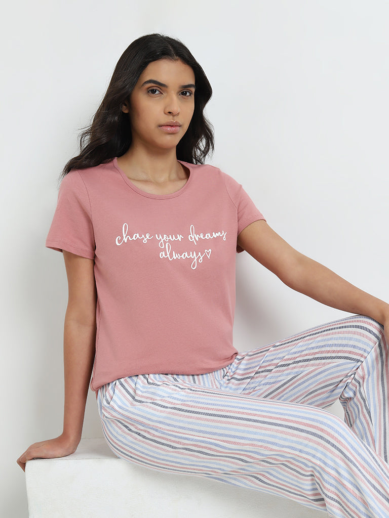 Wunderlove Pink Text Pattern Cotton Top