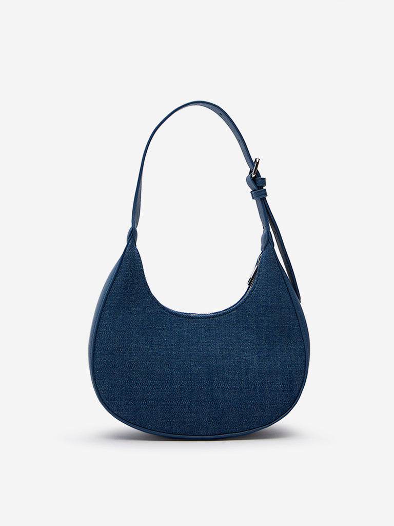 Women Accessories Blue Embellished Denim Baguette Bag