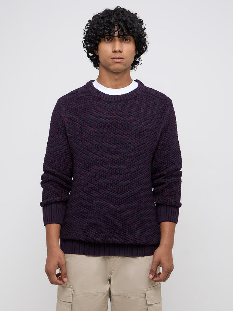 WES Casuals Purple Knitted Slim-Fit Cotton-Blend Sweater