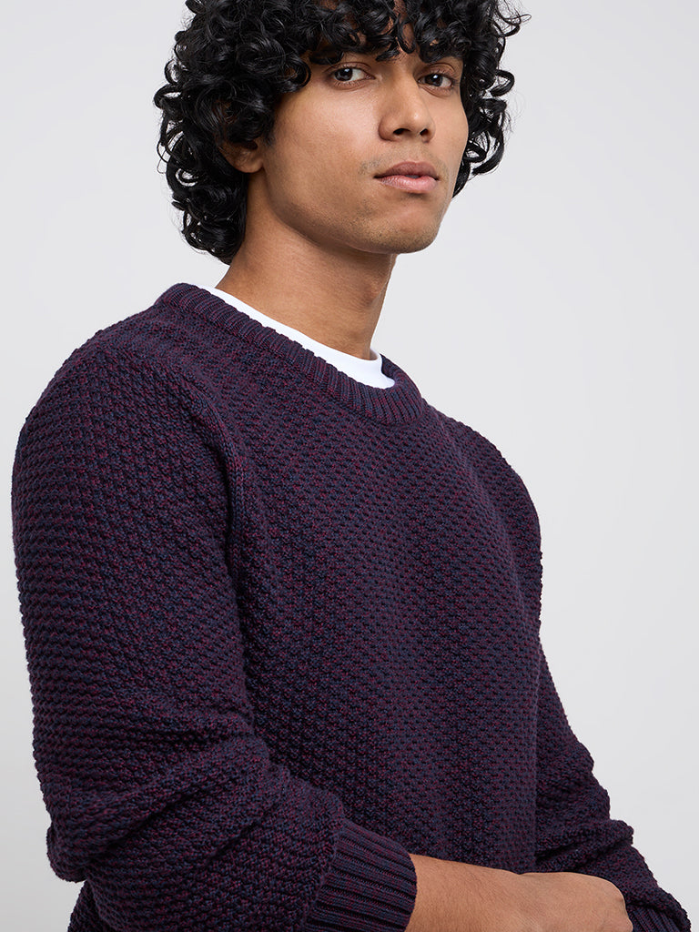 WES Casuals Purple Knitted Slim-Fit Cotton-Blend Sweater