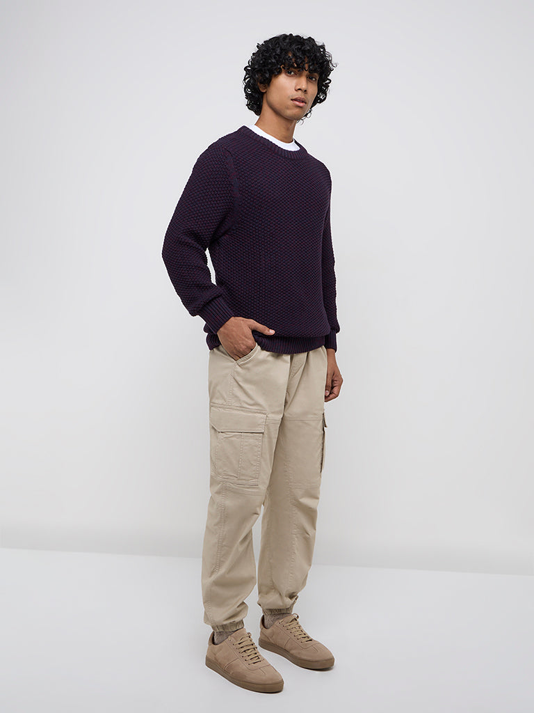 WES Casuals Purple Knitted Slim-Fit Cotton-Blend Sweater