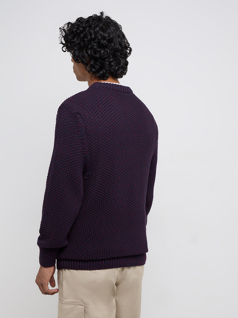 WES Casuals Purple Knitted Slim-Fit Cotton-Blend Sweater