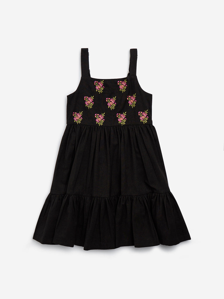 Utsa Kids Black Embroidered Tiered Cotton-Blend Dress - (2-8yrs)