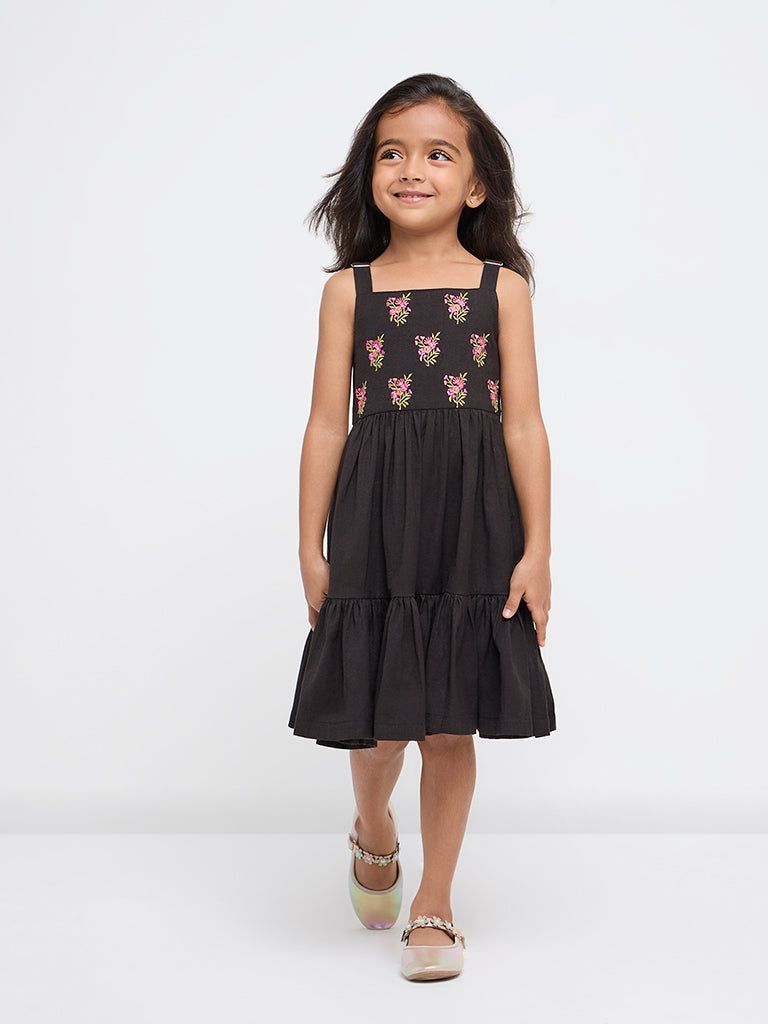 Utsa Kids Black Embroidered Tiered Cotton-Blend Dress - (2-8yrs)