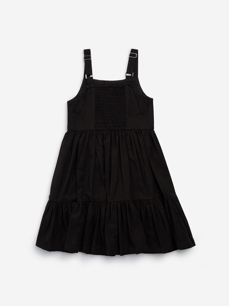 Utsa Kids Black Embroidered Tiered Cotton-Blend Dress - (2-8yrs)