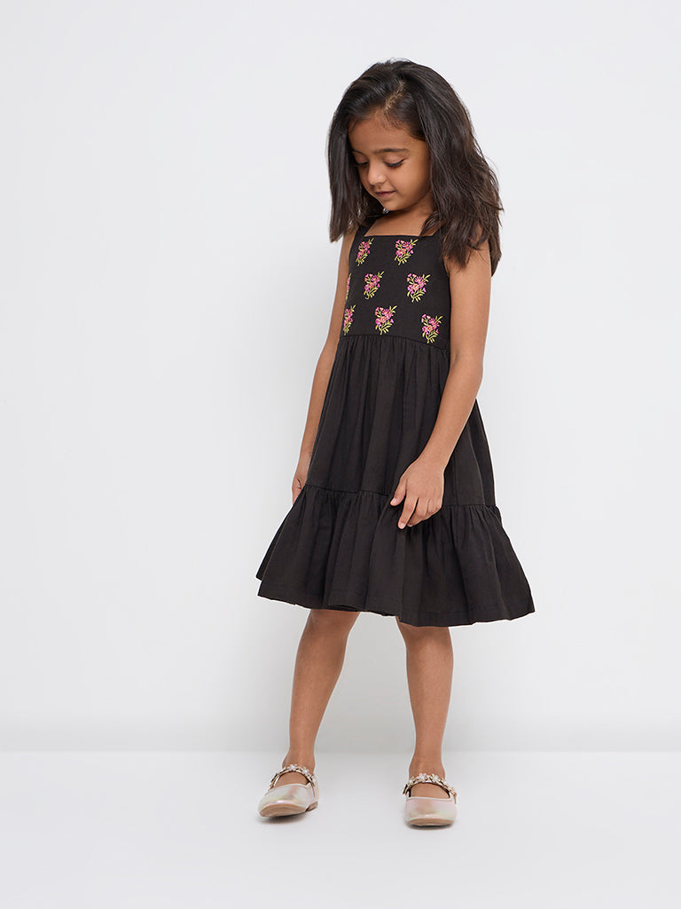 Utsa Kids Black Embroidered Tiered Cotton-Blend Dress - (2-8yrs)