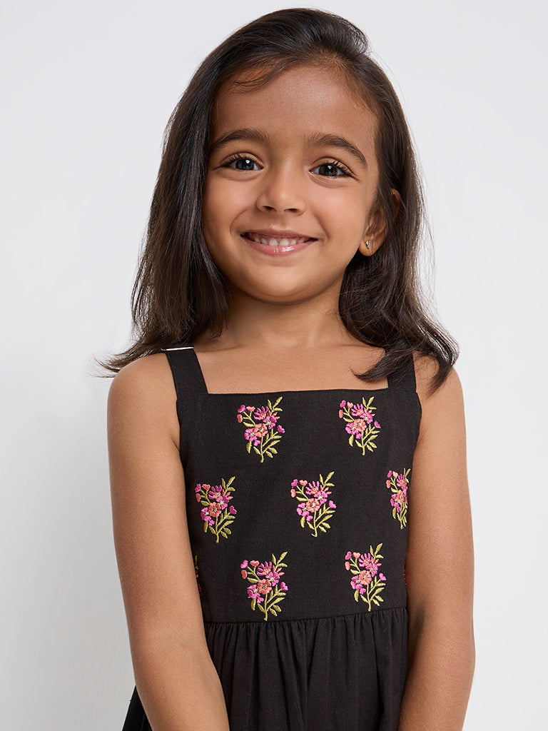 Utsa Kids Black Embroidered Tiered Cotton-Blend Dress - (2-8yrs)