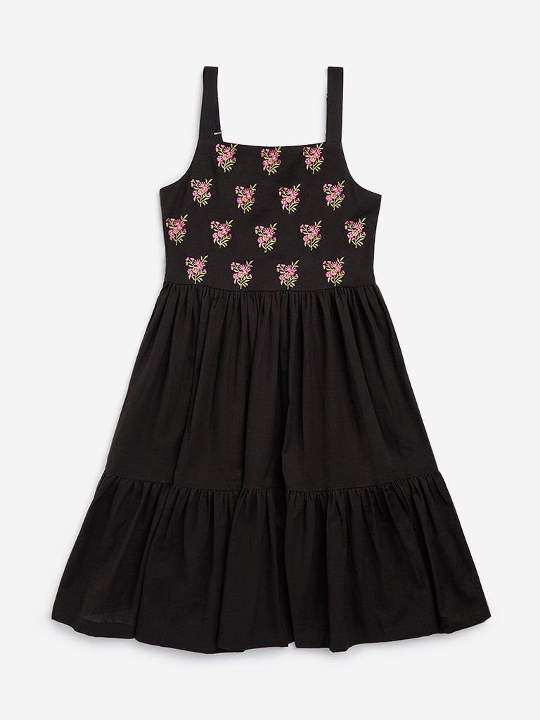 Utsa Kids Black Embroidered Tiered Cotton-Blend Dress - (8-14yrs)