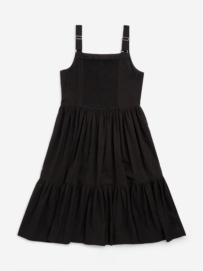 Utsa Kids Black Embroidered Tiered Cotton-Blend Dress - (8-14yrs)