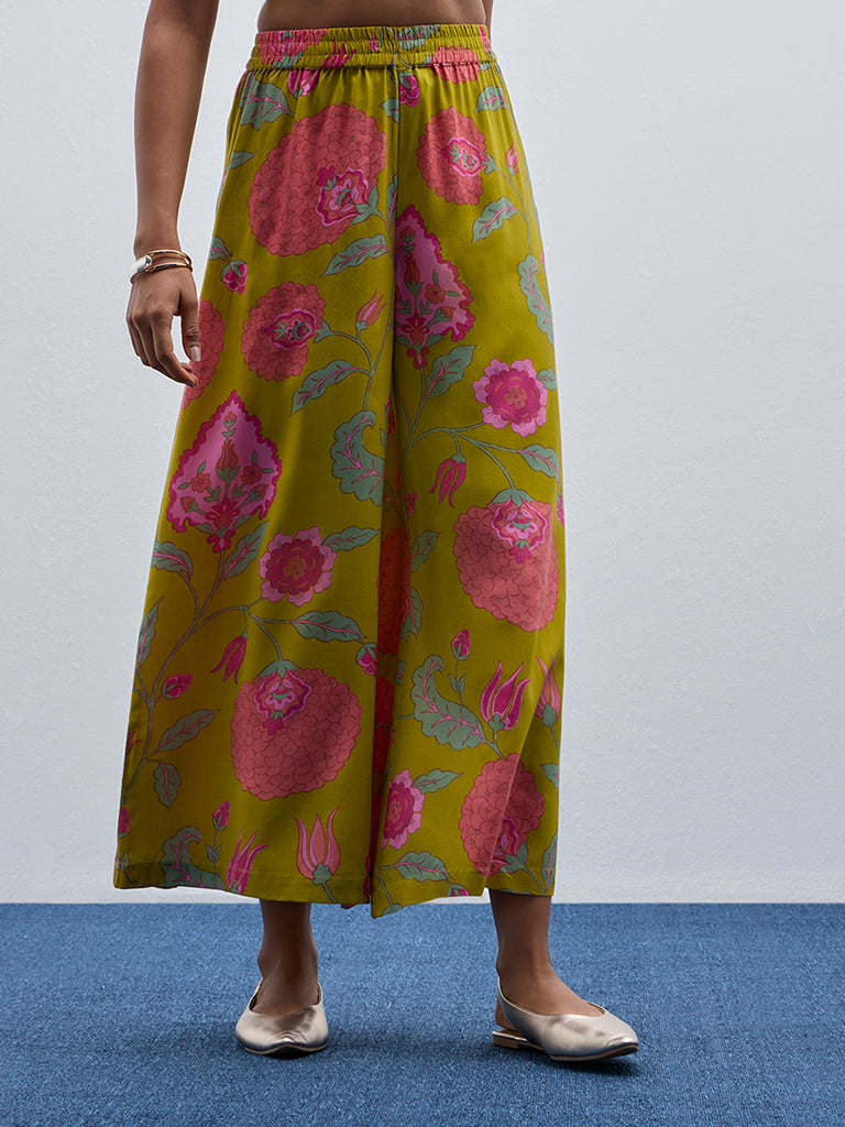 Utsa Light Green Floral Printed High-Rise Ethnic Pants